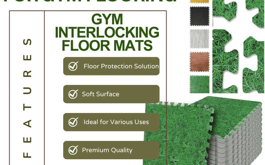 EVA foam mats for gym flooring with interlocking green grass pattern and multiple color options