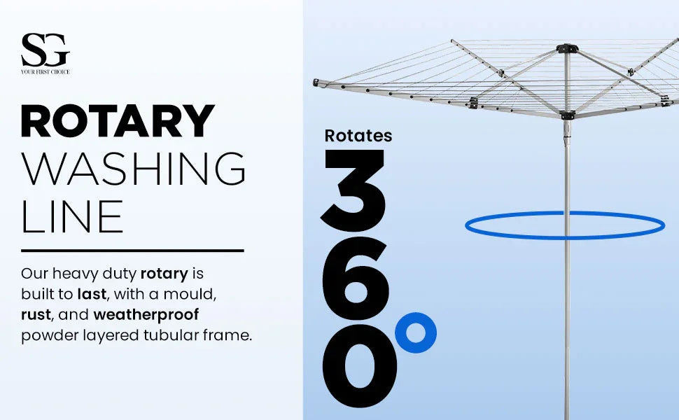 Heavy duty rotary washing line with weatherproof, rust-resistant tubular frame rotating 360 degrees
