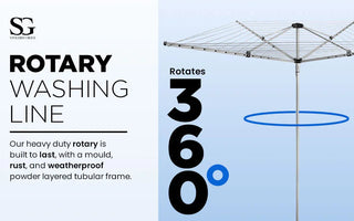 Heavy duty rotary washing line with weatherproof, rust-resistant tubular frame rotating 360 degrees