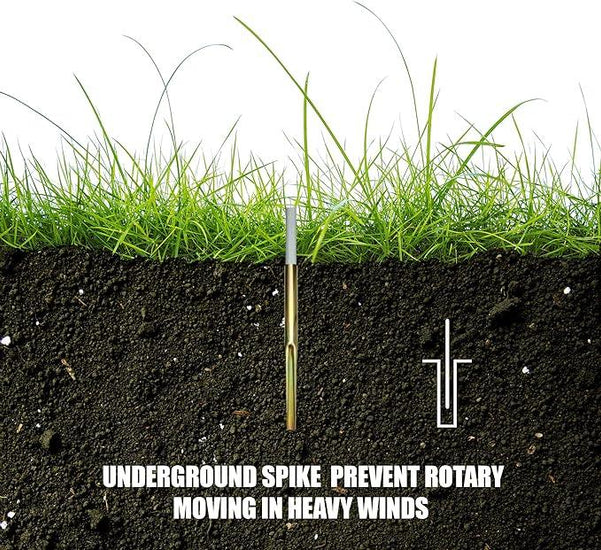 Underground spike installed in soil beneath green grass to prevent rotary movement in heavy winds