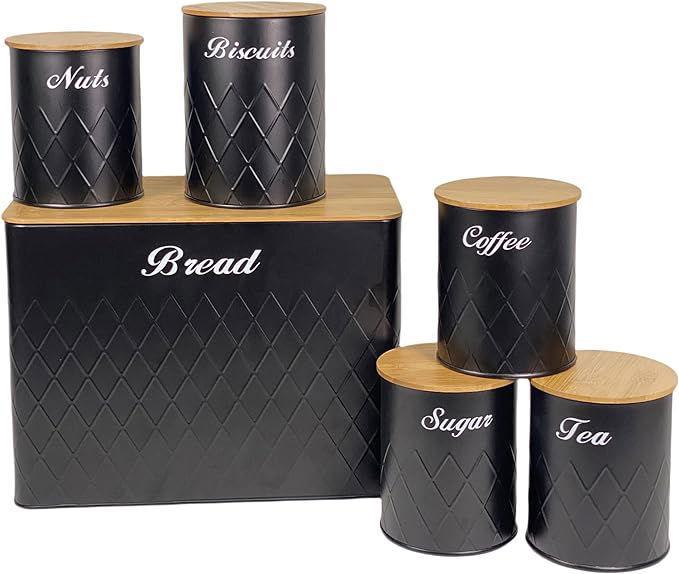 SG Traders ™  6 Pc Bread Bin Set with Airtight Bamboo Lids - - 