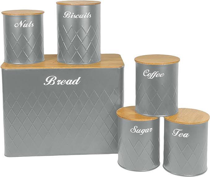 SG Traders ™  6 Pc Bread Bin Set with Airtight Bamboo Lids - - 