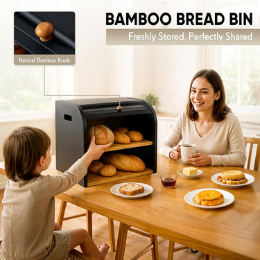SG Traders Double Decker Bamboo Bread Bin 2-Layer Bread Box